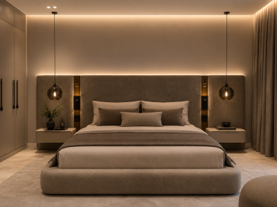 Modern minimalist yatak odası gece görünümü