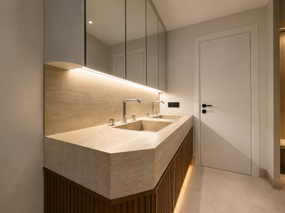 Sıcak Tonlarda Lüks Minimalist Banyo